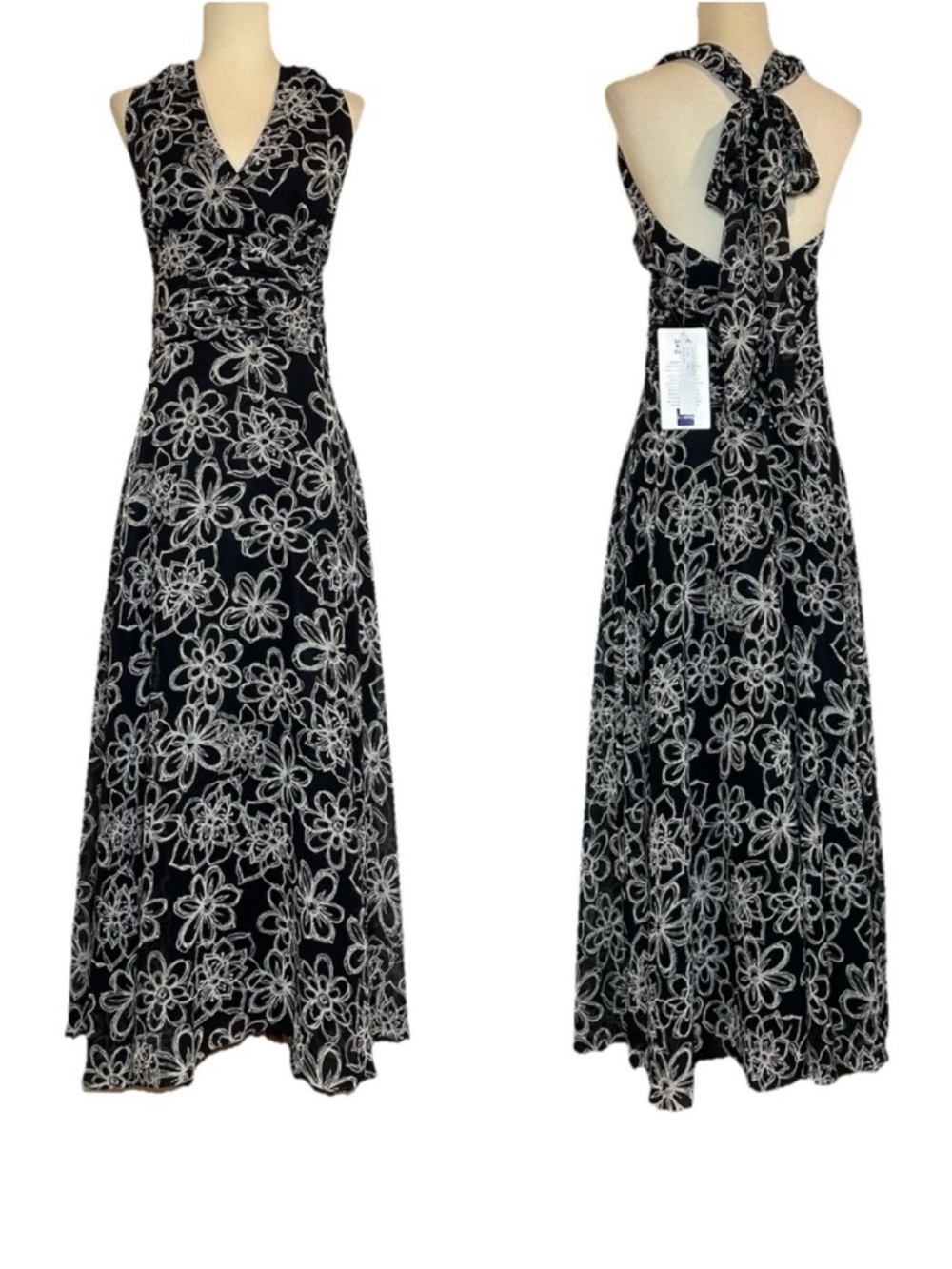 Stephanie Charles Halter Maxi Dress Black Retro Floral Empire Waist Size 16 NWT